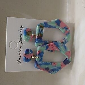 Blue and Pink Tortoise Shell Abstract Geometric Dangle Earrings